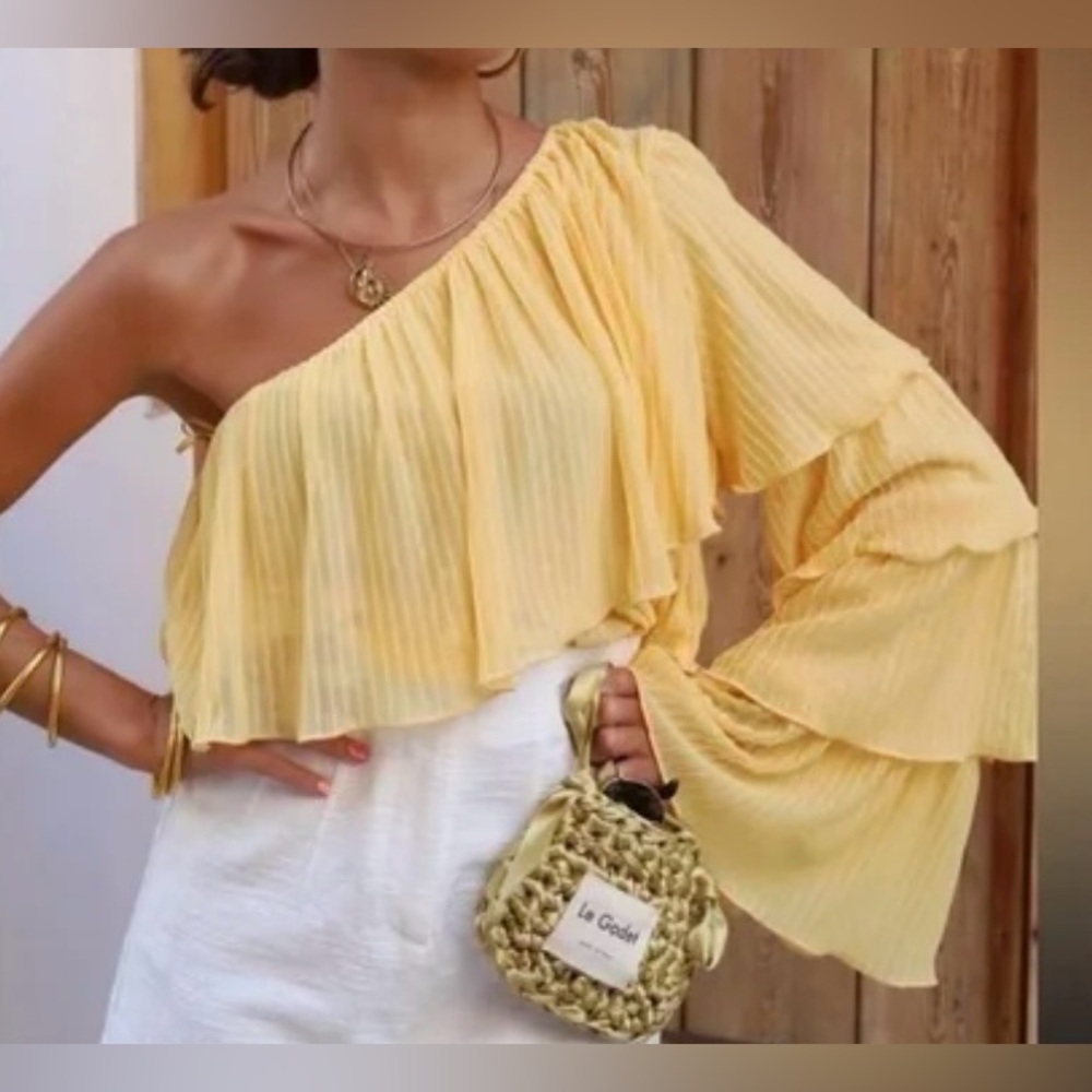 Zara Yellow Asymmetrical Ruffled Blouse